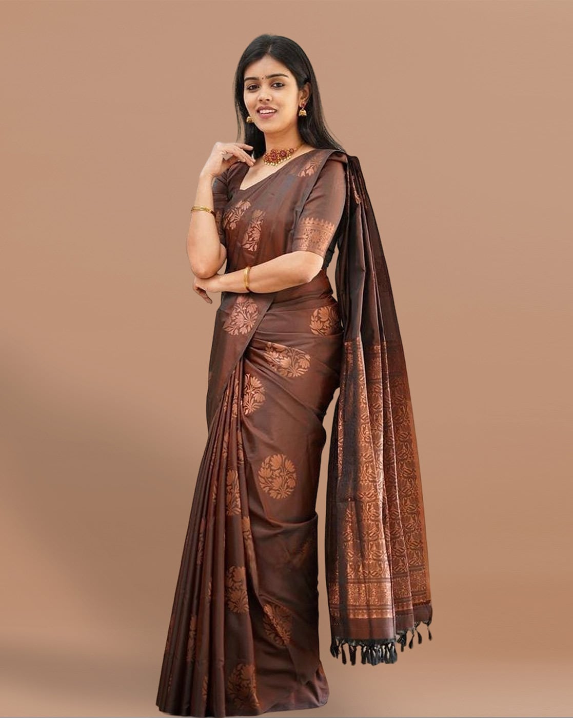 Coffee color dola silk saree with zari weaving work | Cotton saree, Saree, Coffee  colour