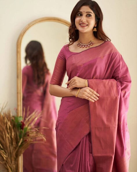 Dark onion pink woven silk saree with blouse - Lilots - 3991331