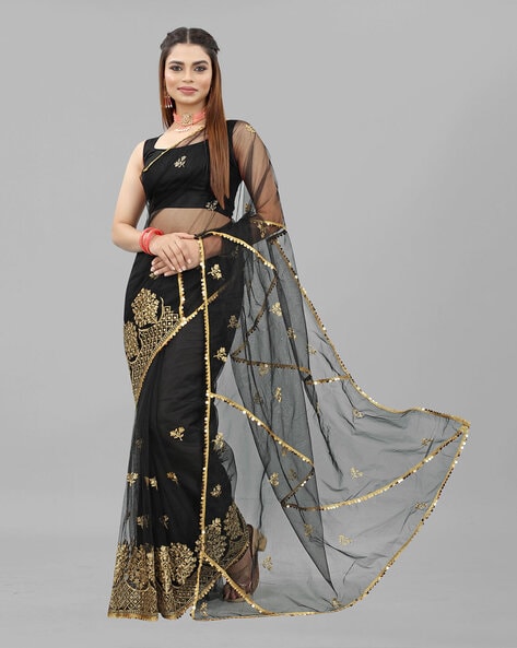 Designer Black Georgette Sequence Work Saree With Blouse