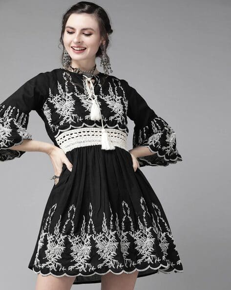 Embroidered Dress Black Flare Lace Dresses Embroidered Fit Flare