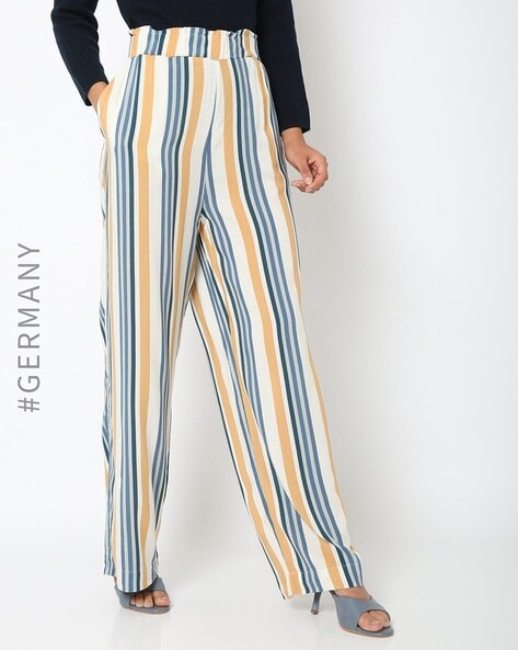 Buy Go Colors Women Striped Olive Linen Pencil Pants Online