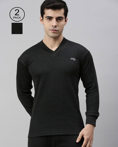 Black Long Sleeve Ribbed Thermal Top, Men