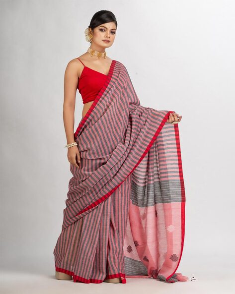 Authentic Dhakai Jamdani Saree | Resham Cotton | White with red | Dhagasaree