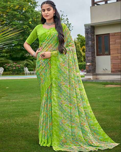 Crocodile Green Saree in Cotton Silk Patola Printed Temple W