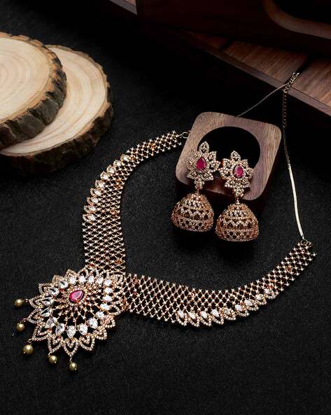 White Alloy CZ Crystal Choker Necklace Earring Bridal Jewellery Set at Rs  208/set in Mumbai