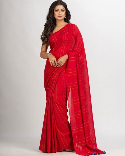 RADHA LAKSHMI Women's Banarasi linen cotton Silk White Red Colour Saree  With Blouse piece(AG White red plain linen SQURE) : Amazon.in: Fashion