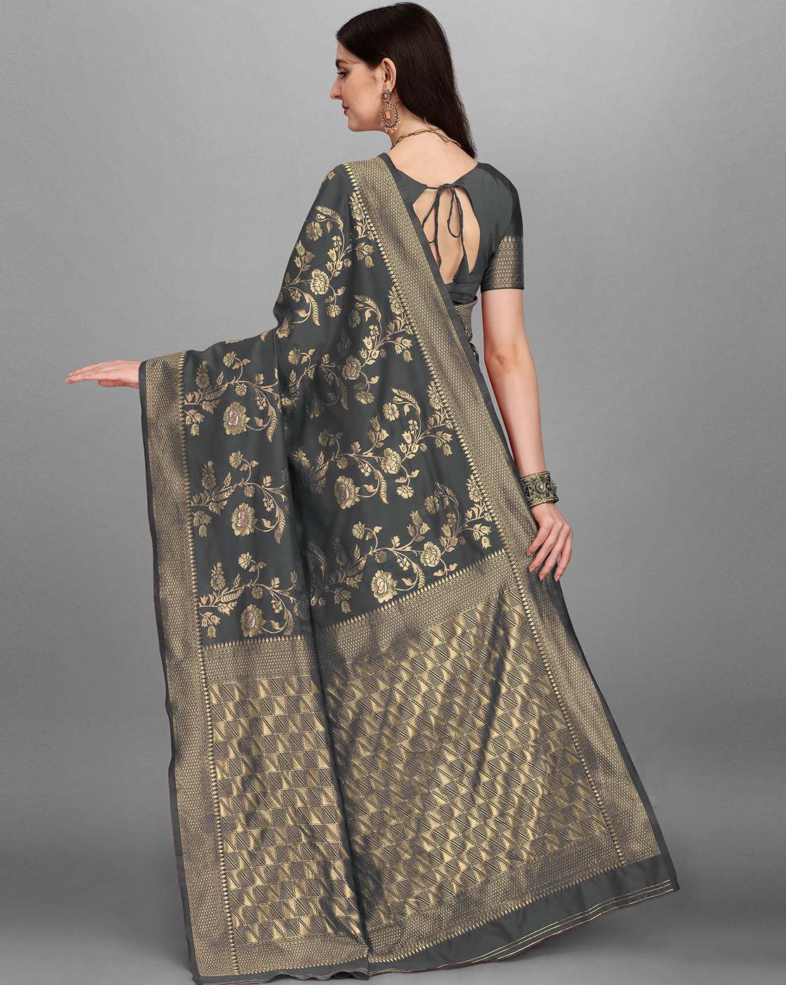 Buy  Brand - Anarva Women's Plain Banarasi Silk Saree With Blouse  Piece (STU Banarasi Raji Grey_Grey) at