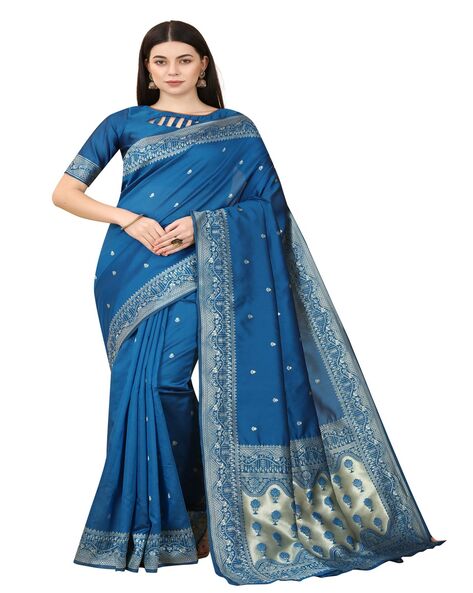 Polished Blue Zari Woven Banarasi Saree – MySilkLove