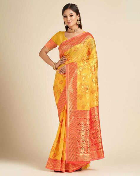 Saffron Yellow Designer Printed Silk Saree with Contrast Blouse & Pall –  Ethnos