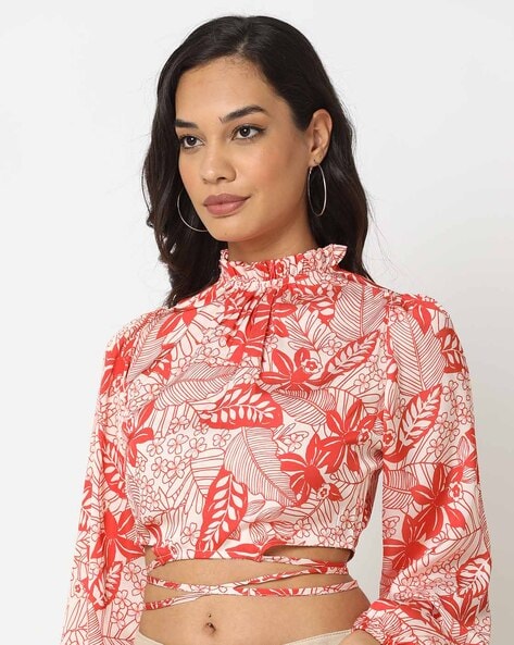 Floral Print Mandarin Collar Halter Crop Top