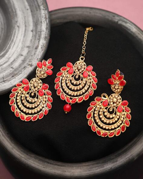 Buy Floral Red Peach Pink Earring & Maang Tikka Set Online in India -  Mypoojabox.in