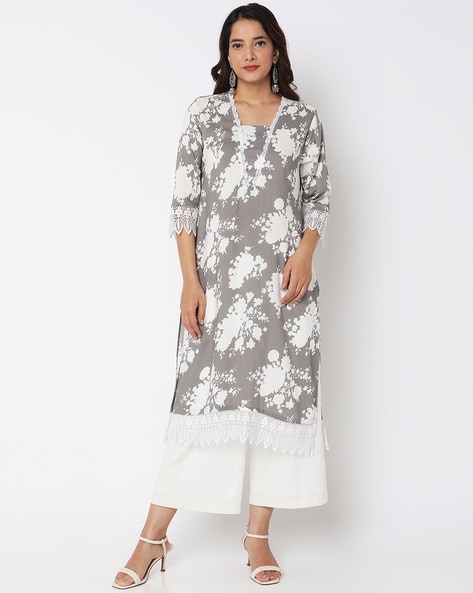 Buy HERE&NOW Grey & White Ethnic Motifs Printed Cotton Kurta - Kurtas for  Women 2042084