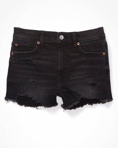 Mid-Rise Denim Shorts with Frayed Hem