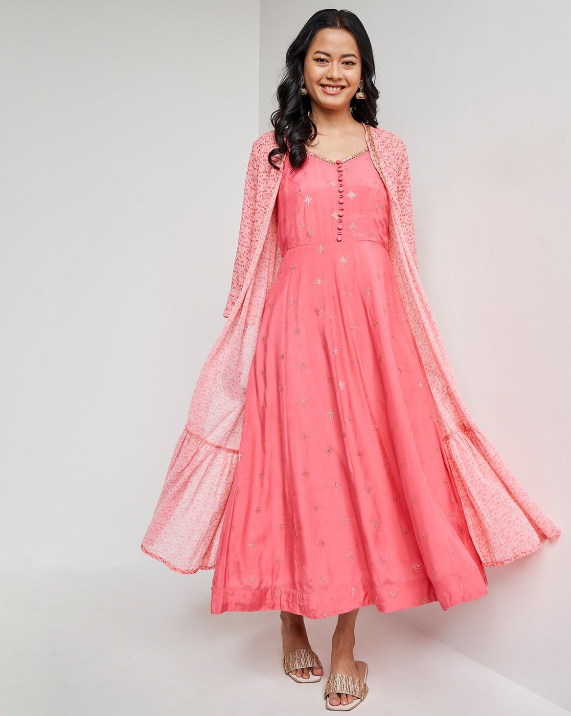 Anarkali style Pink color Cotton fabric Kurta With Georgette fabric long  Embroidered Jacket with Dupatta