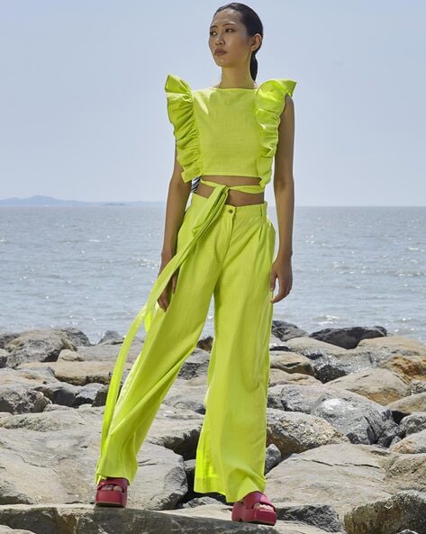 Women's Lightweight Cool Wool Pleated Pant In Lime Green, 57% OFF
