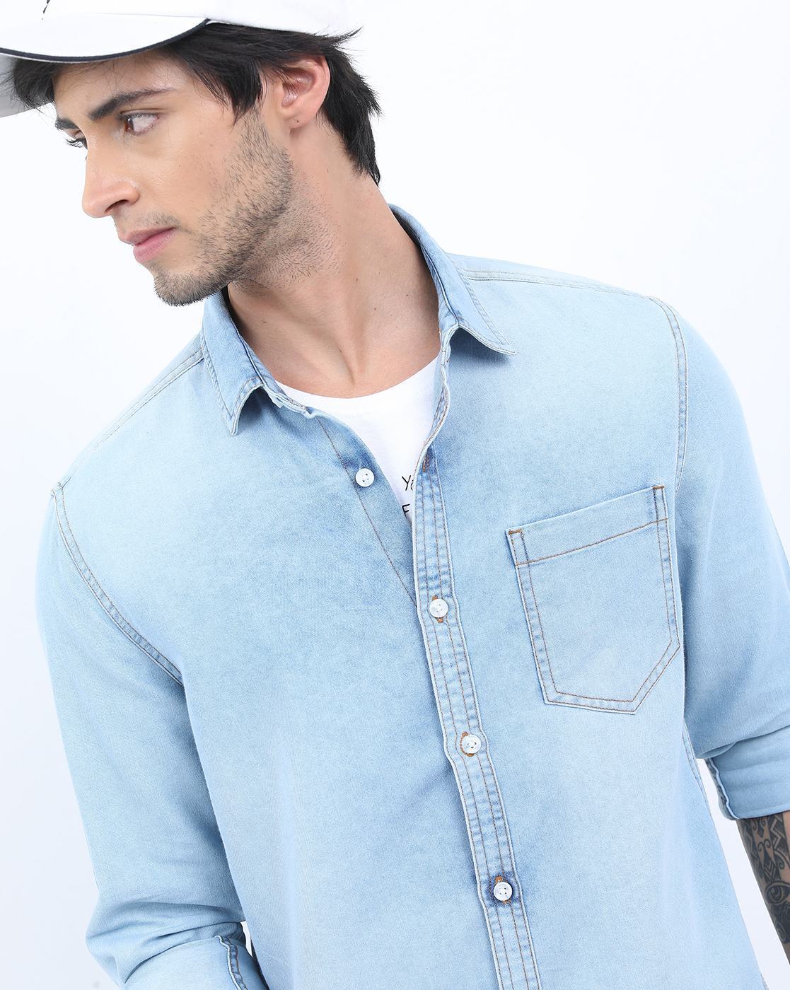 Buy Stylish Turquoise Blue Denim Shirt Men Online in India – VUDU