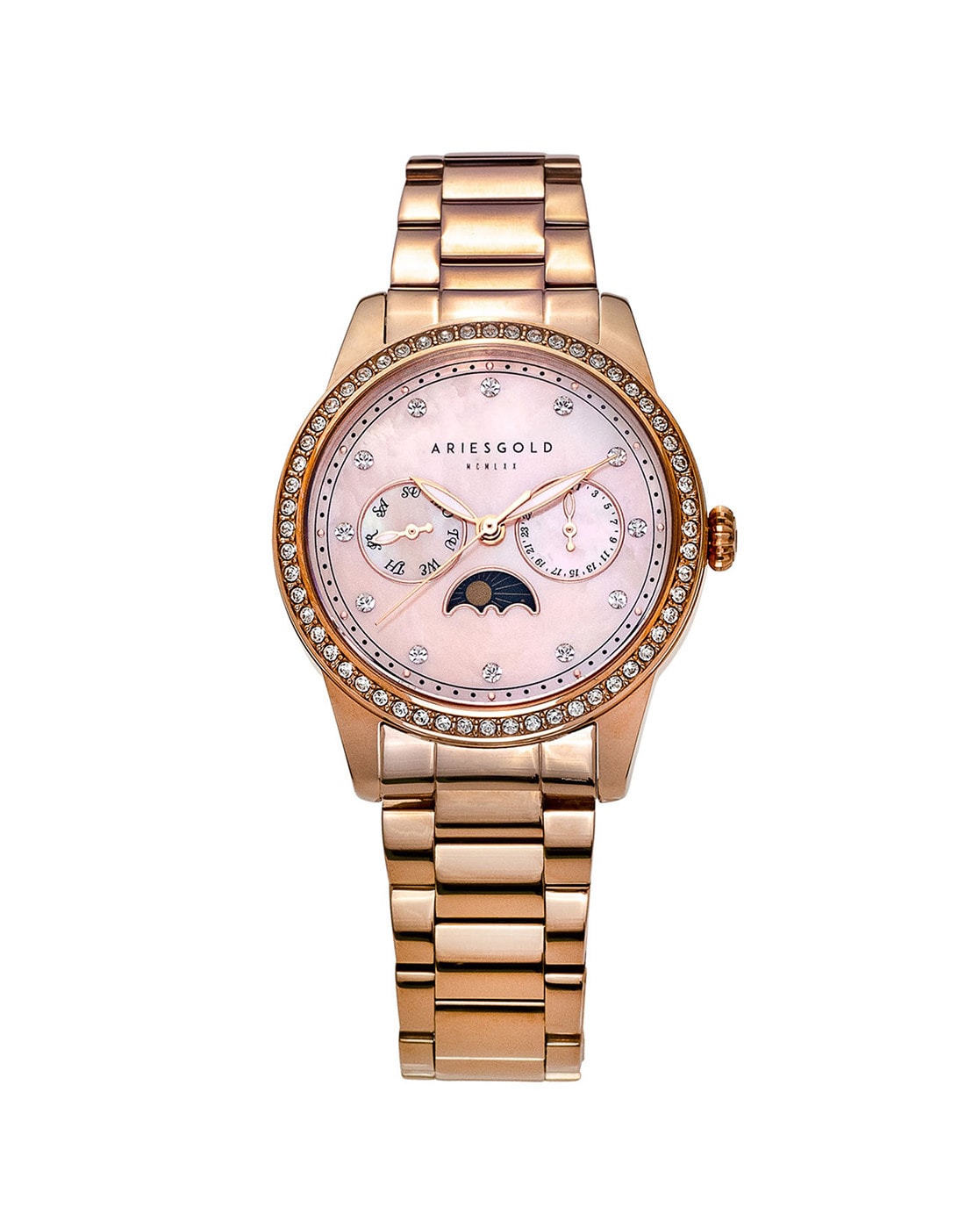 Buy Aries Gold Heritage Quartz Moonphase White MOP Crystal Round Dial  Womens Watch - L 5040 G-MP Online