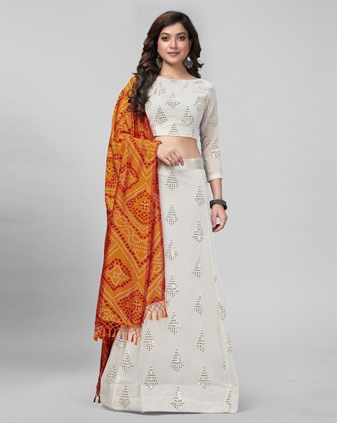 White and Orange Unstitched Lehenga Set Fabric (3 Piece)