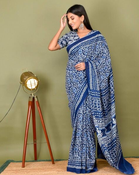 Blue Mulmul Cotton Saree|Bagru Handblock Cotton Sarees Online |Jhakhas