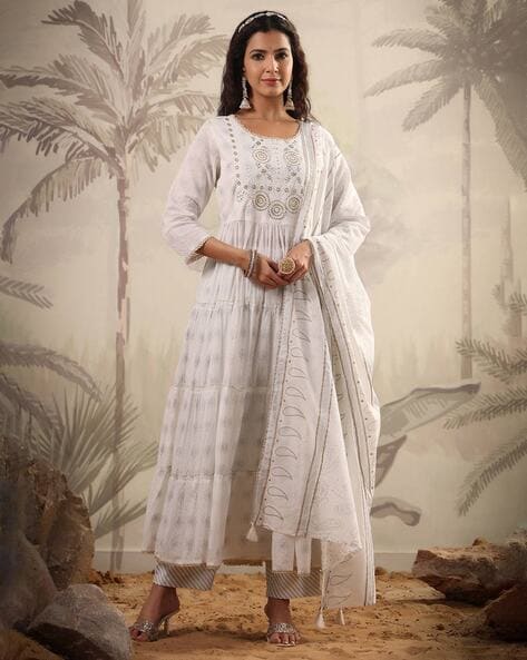Buy White color Plain Cotton Anarkali Suit Online : Singapore - Salwar