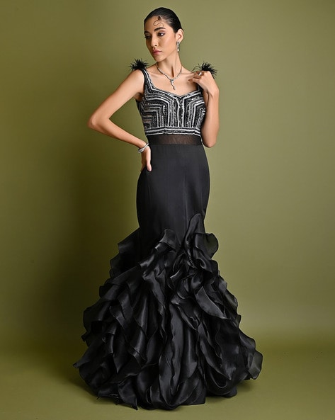 Jacquard One Shoulder Side Ruffle Gown | Teri Jon – Terijon.com