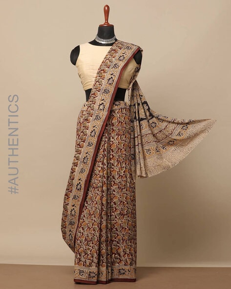 Dazzling Cotton indigo HandBlock printed saree with kalamkari heavy border  blouse