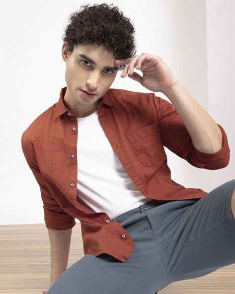 The Indian Garage Co Men Checked Slim Fit Shirt with Patch Pocket (Brown)