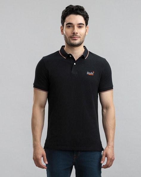 SUPERDRY Cotton Polo T-Shirt with Placement Logo For Men (Black, M)
