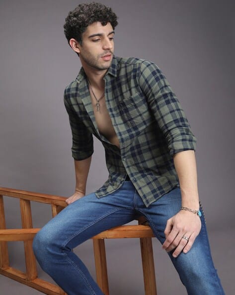 Slim Fit Checked Shirt with Patch Pocket