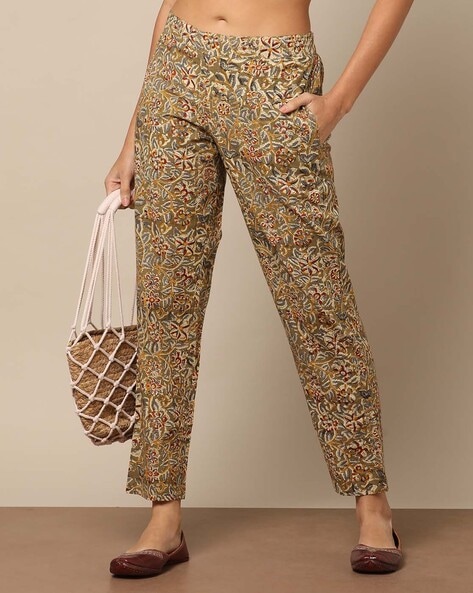 BAKVRI Work Pants for Women Cotton Linen Print Boho India