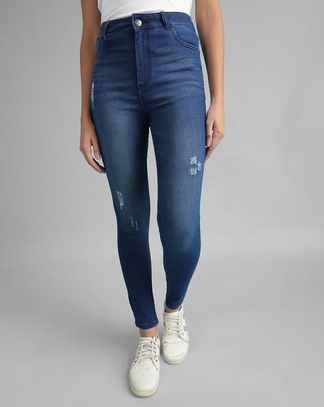 Mid-Wash Distressed Skinny Fit Jeans