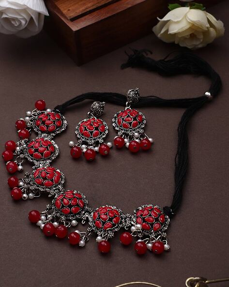 Ethnic Handcrafted Necklace with Silver Peacock pendant - Red and Blac -  ArtisanSoul