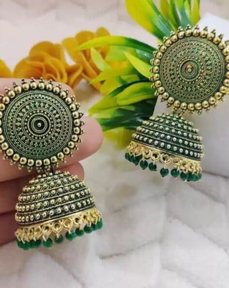 Green Halfmoon Tabiz with kundan loreal Earrings – apnakraft