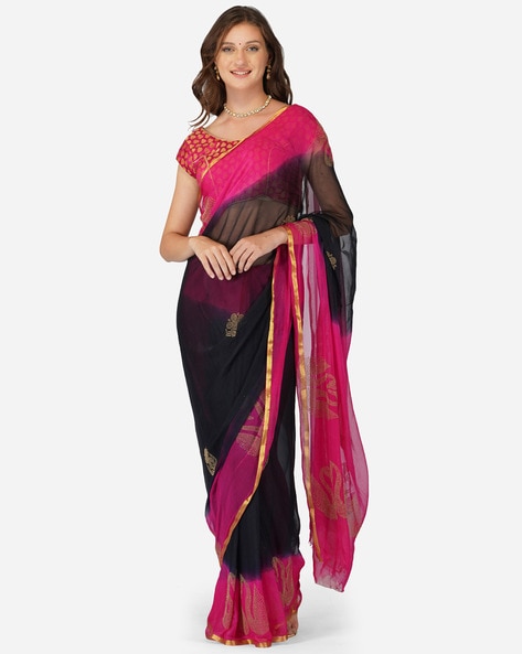 Mangalagiri silk cotton saree black and pink with floral prints and si –  Cherrypick