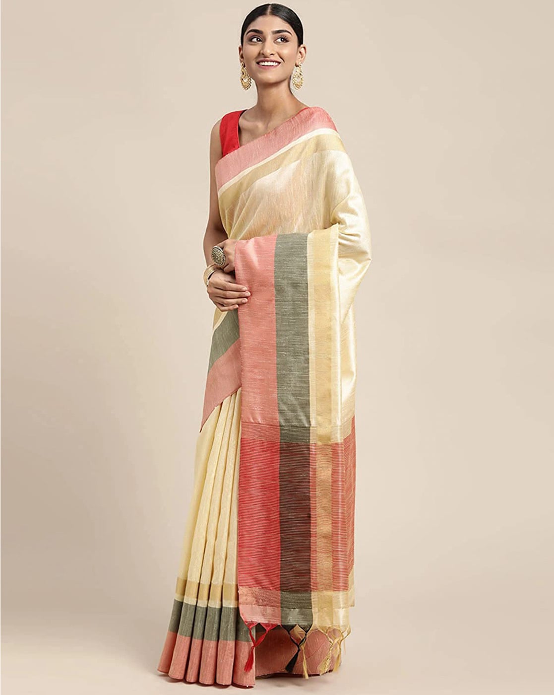 Handloom Peach Pure Tissue Silk Banarasi Saree With Red Kadhwa Border –  WeaverStory