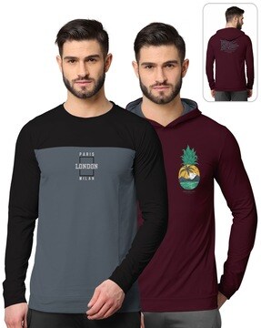 BULLMER T-Shirts : Buy BULLMER Colorblock Full Sleeve Hooded T-shirt For  Men Black And Grey Online