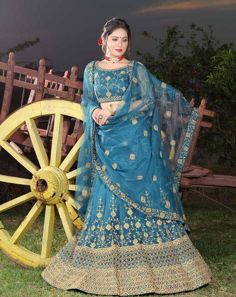 Buy Blue Embroidered Designer Chanderi Silk Lehenga Online in USA – Pure  Elegance