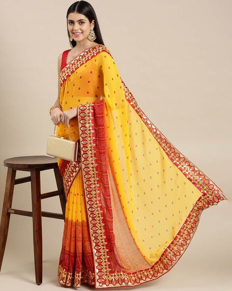 Buy Beautiful pita work yellow saree with red border,Only on Bawree_137594  at Amazon.in