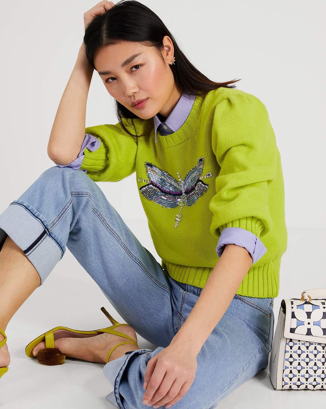 Buy KATE SPADE Dragonfly Embellished Sweater | Lime Zest Color