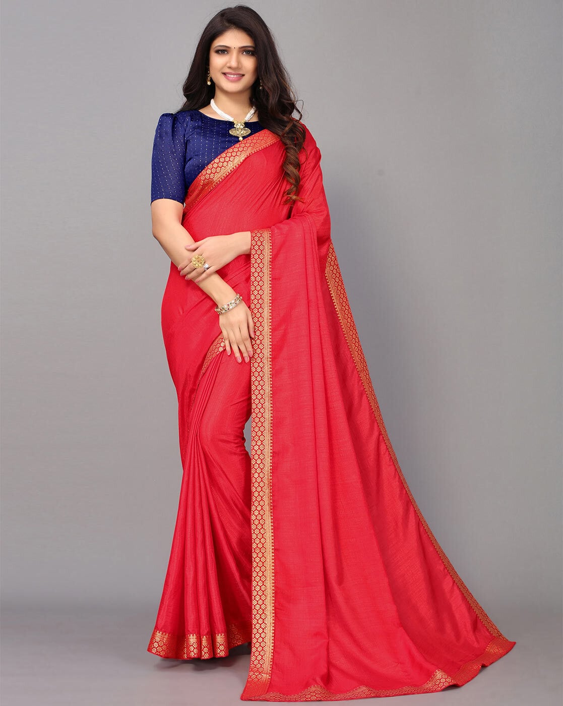 Red saree with store navy blue blouse