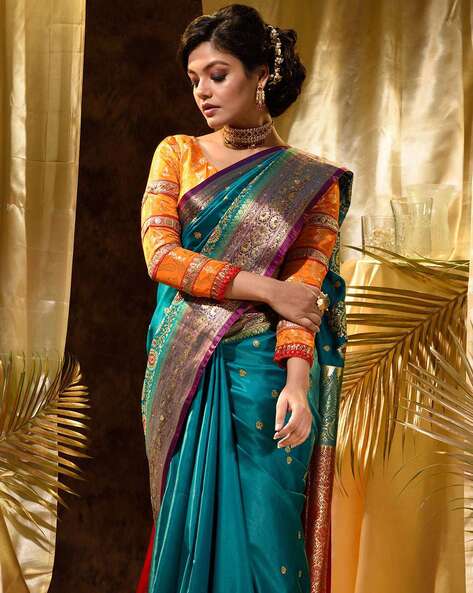 Buy Beauteous Rama Green Color Wedding Wear Lichi Silk Jacquard Fancy All  Over Work Saree Blouse | Lehenga-Saree