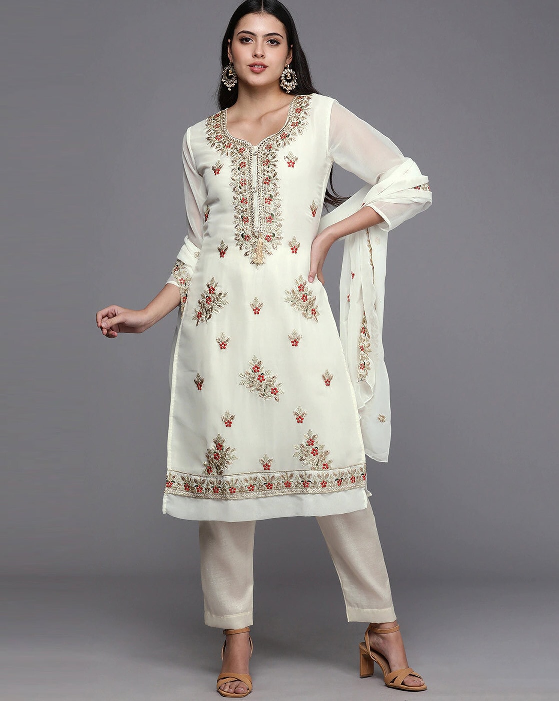 Women's White Floral Embroidered Georgette Suits & Dress Materials