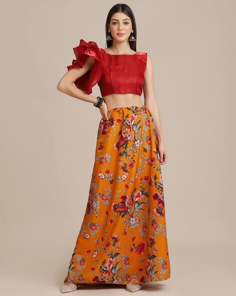 Hand embroidered red sleeveless blouse and dupatta with a high waisted –  KRUPA KAPADIA