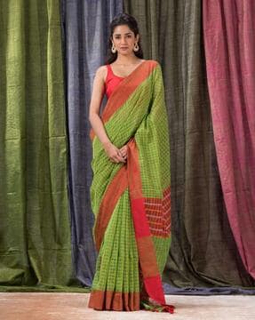 Women's Green Orange Handloom Bengal Cotton Saree - Angoshobha