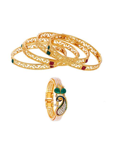 Zeneme Set of 5 Gold-Plated Stone-Studded Bangles