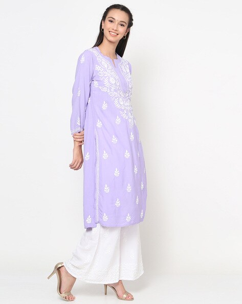 Super comfortable Beautiful Purple Lucknowi Chikankari Kurta for  women/Girls, Casual/Partywear Ready to wear Embroidered Long Straight Kurti