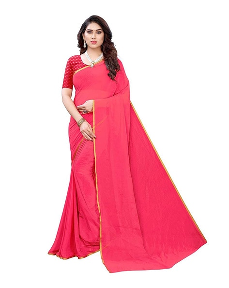 Buy Sarees under 500 Magenta Color Chiffon Material Plain Solid Sari With  Black Net Blouse Fabric at Amazon.in