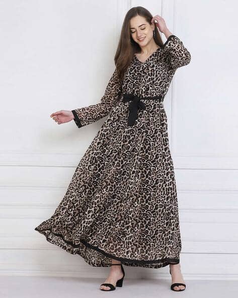 knee length dresses for ladies Animal Print Silk Designer Maxi Dresses main image 0