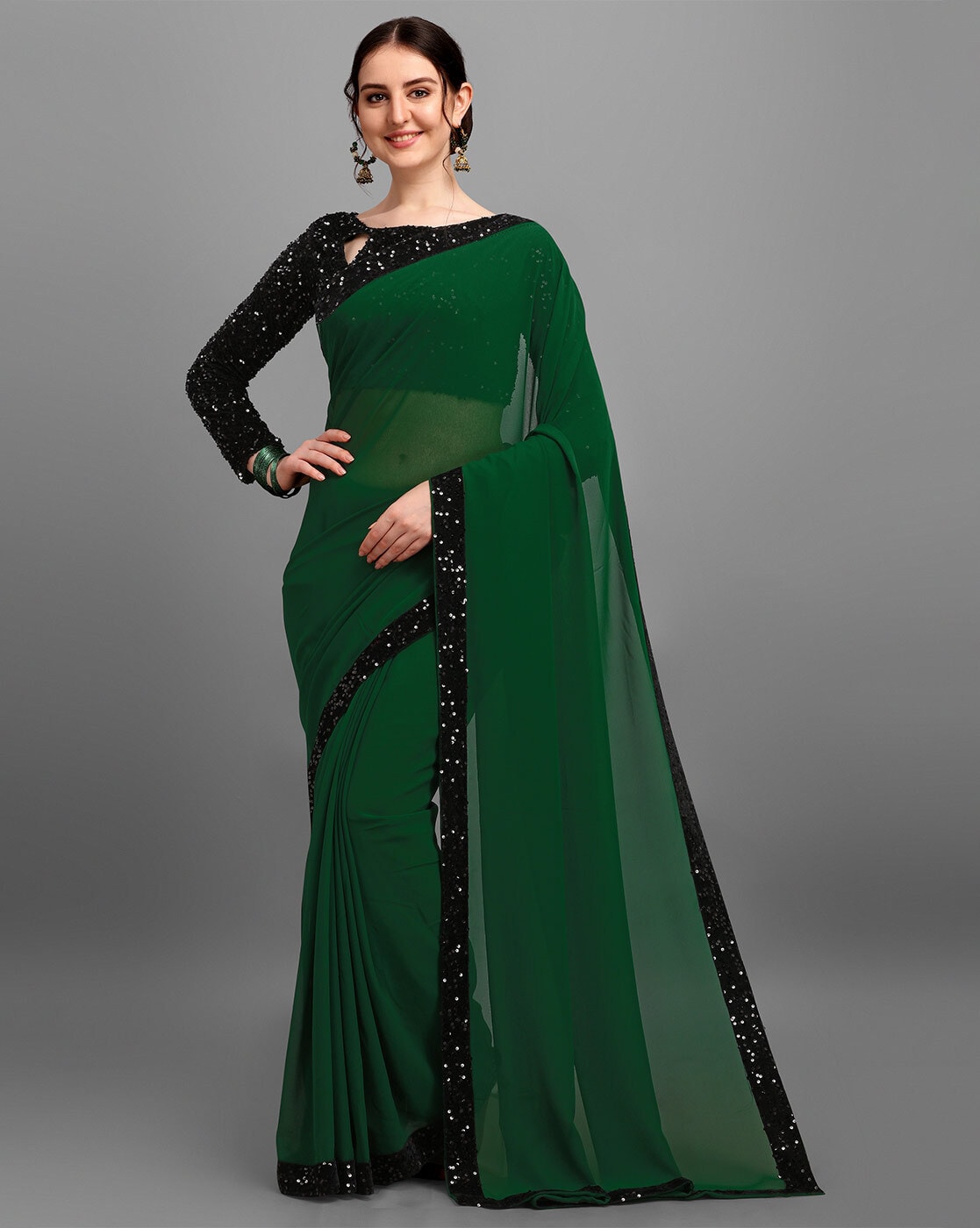 Plain Georgette Parrot Green and Black Ruffle Saree with Blouse Piece at  best price in Surat