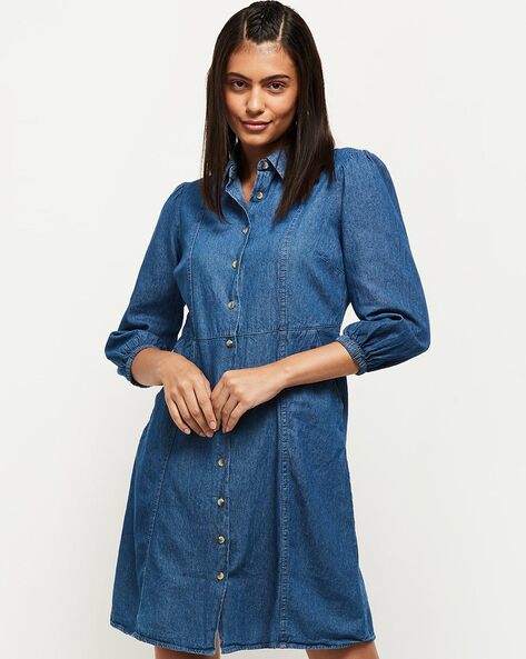 Max Studio Women's 3/4 Sleeve Dress, Denim Leafy Bud Stamp, Large at Amazon  Women's Clothing store